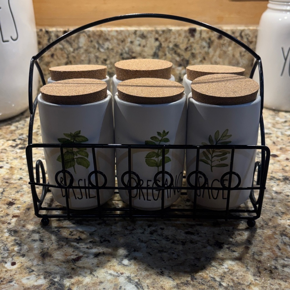 Rae Dunn White Herb Spice Jars with Black Rack ( only used for display)